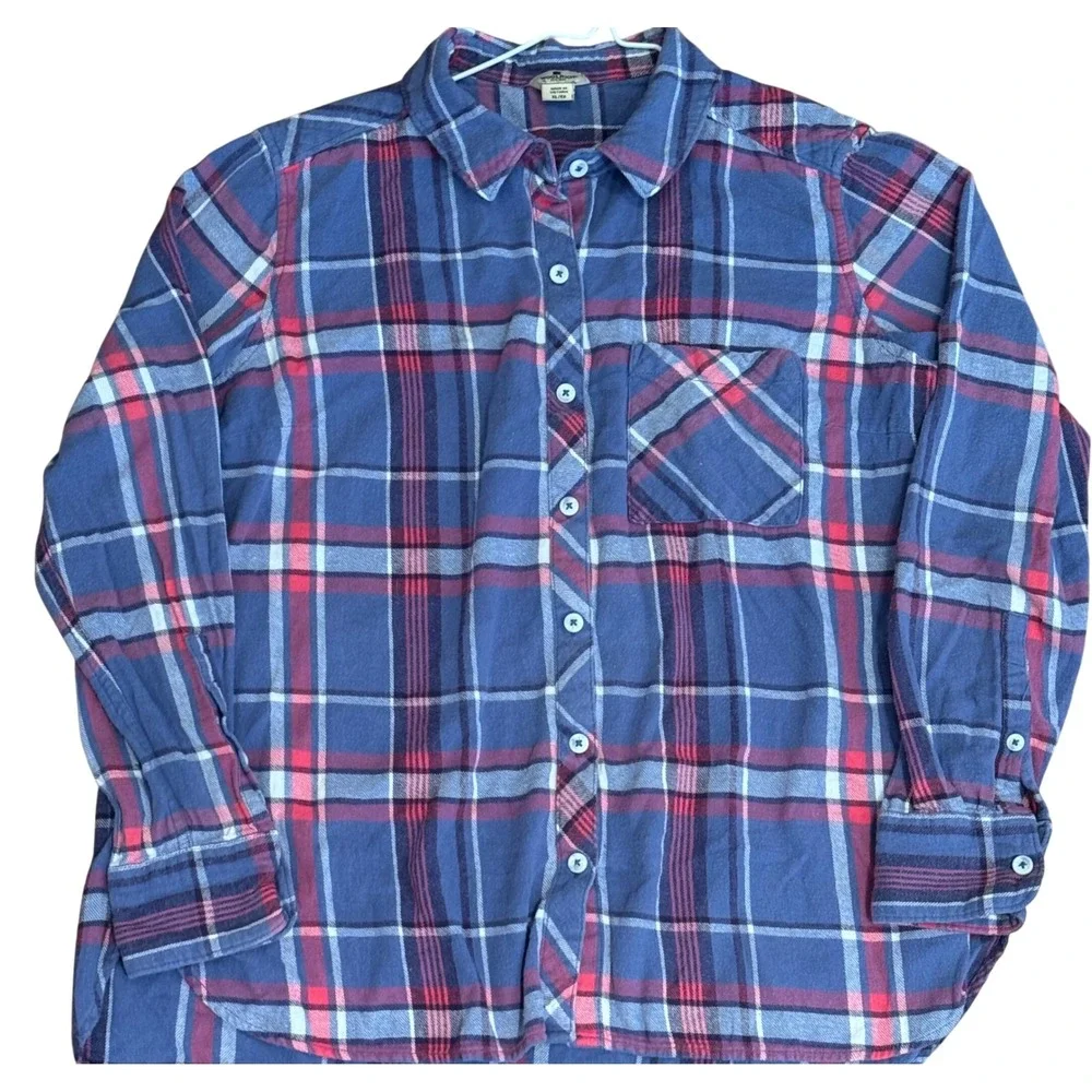 Woolrich Flannel Shirt Plaid Cotton Button Down Blue Pink Women's XL